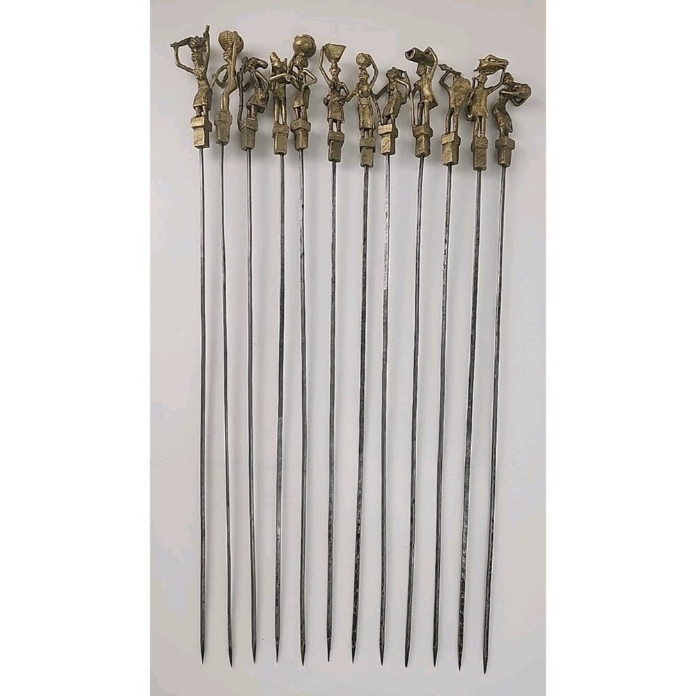 12 Vintage Unique African Brass & Stainless Steel Kebab Skewers 19" Souvlaki